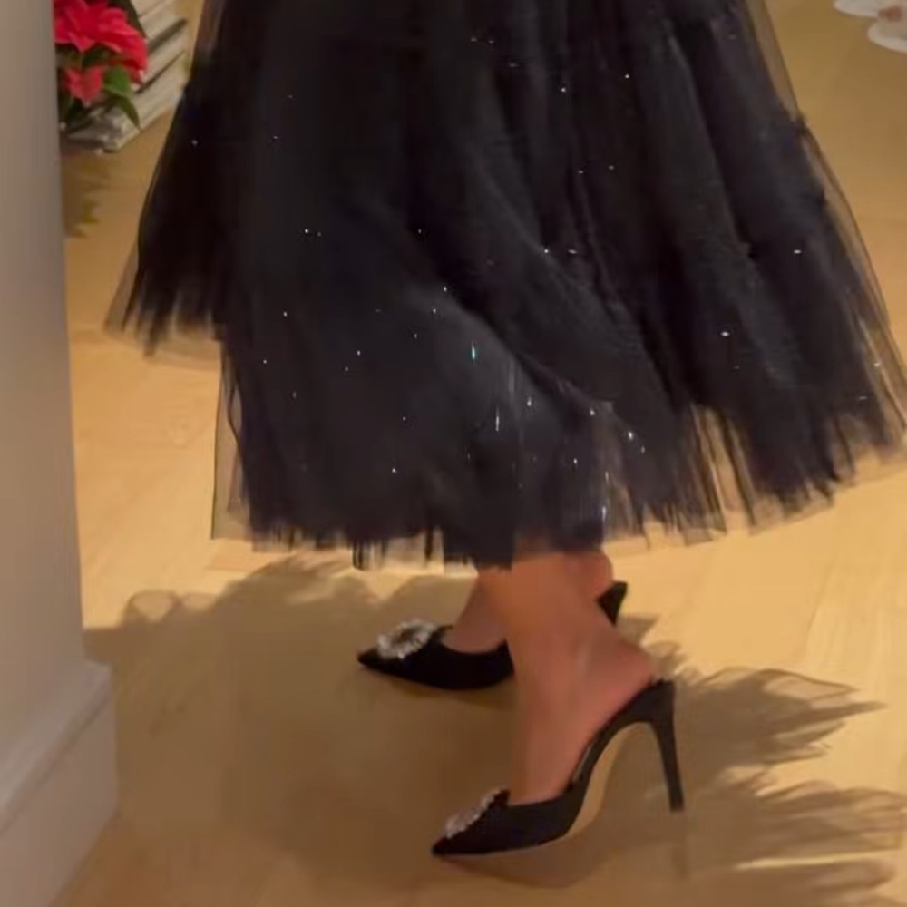 Good American Black Pointed Satin Mules with Crystal Buckle - Picture 3 of 10
